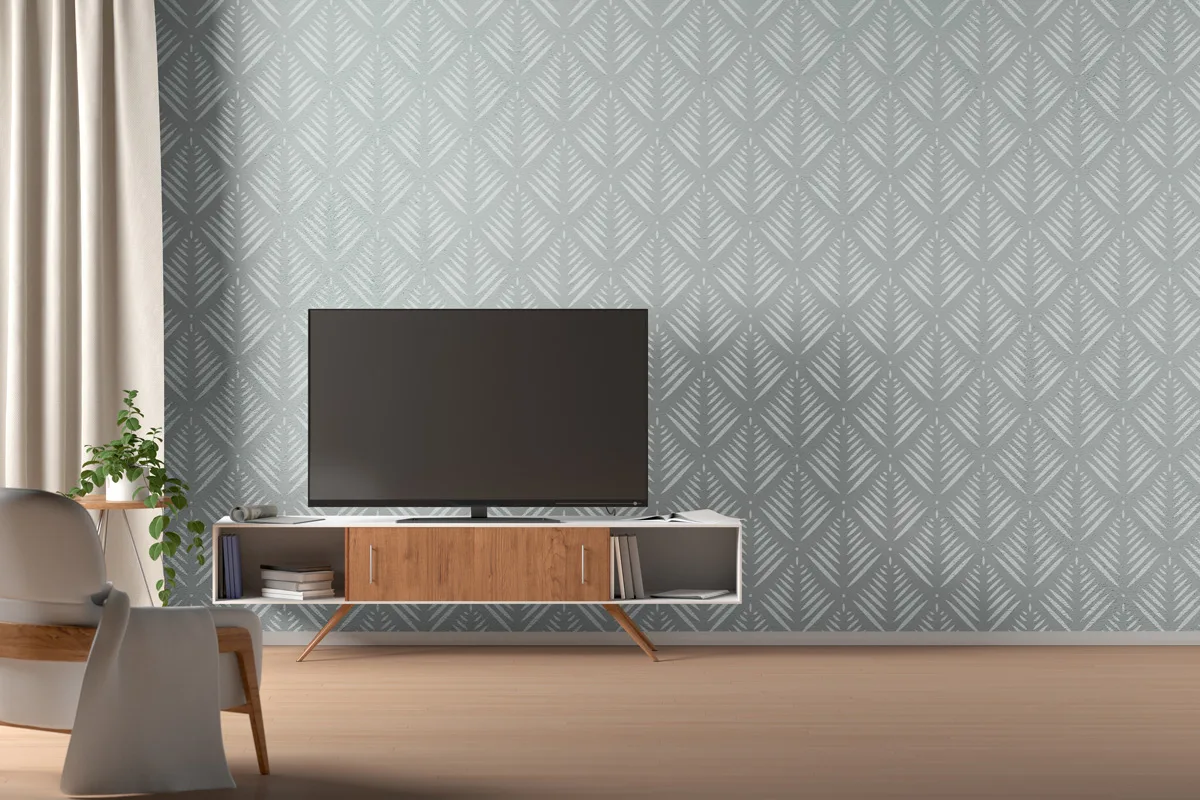 Szablon malarski Art Deco Palm 2 wizualizacja w nowoczesnym salonie, telewizor