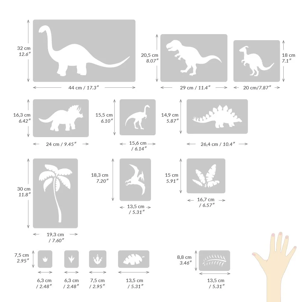 Dinozaury zestaw szablonów 17 malarskich rozmiary